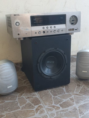 Home cinema 4.1 with ApArt speakers, Yamaha RX-V463 amplifier, and active ApArt subwoofer used