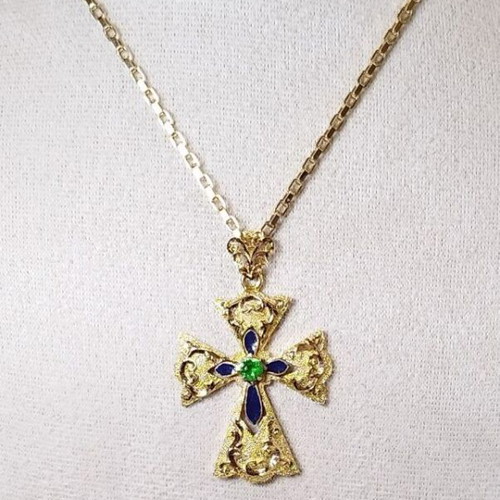 Handmade 14K Yellow Gold Orthodox Cross with Certified Tsavorite Garnet, New