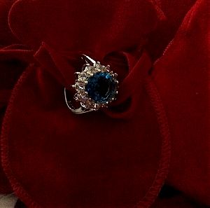 Δαχτυλίδι ασημένιο 925 με θαλασσι πέτρα με κόκκινο πουγκί για δώρο