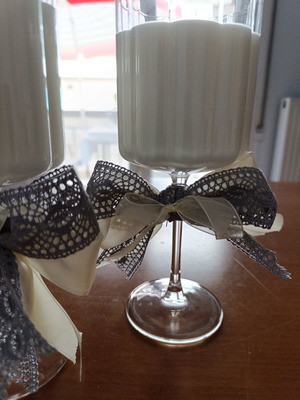 Candles in stemmed glass, soy wax, like new, set of two