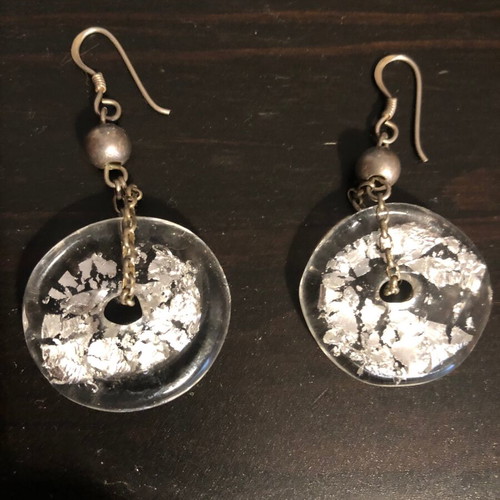 Earrings used, dangling with silver leaf transparent