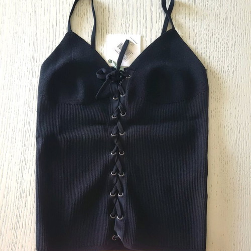 Pepe Jeans Dua Lipa Black Ribbed Top With Thin Straps And Crossed Lacing Size Medium New