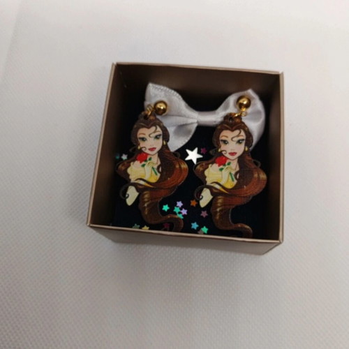 Wooden earrings 5 cm Beauty and the Beast with stainless steel clasp new