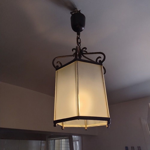 Ceiling light used, bronze and opal glass, ideal for home entrance