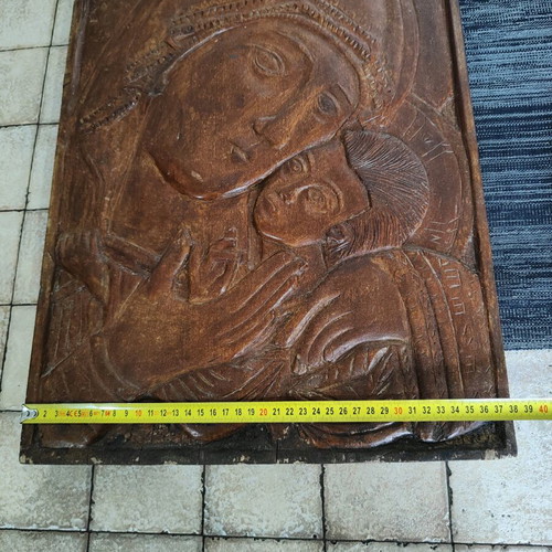 Huge wooden carved icon of the Virgin Mary with Christ