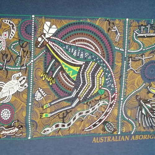 Men's blue T-shirt with Aboriginal art print, like new, size S