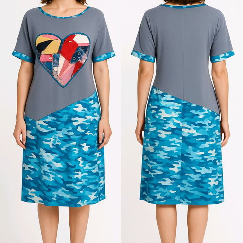 Handmade patchwork dress with heart and blue camouflage new