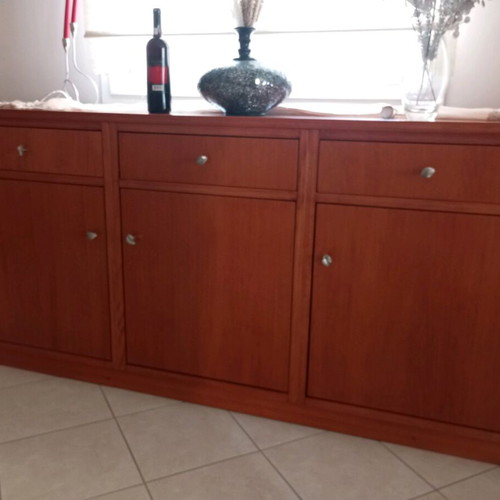 Living room furniture like new solid wood table, buffet and glass cabinet