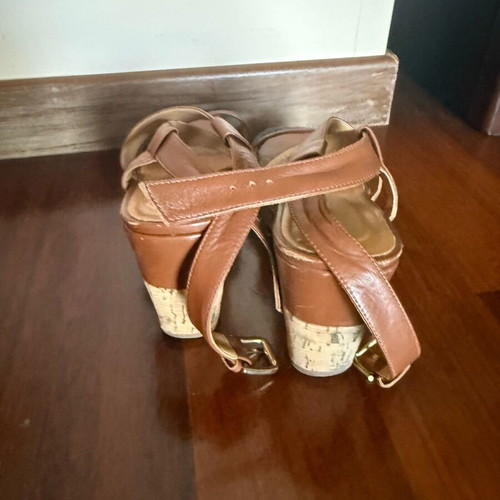 Kalogirou leather platform sandals used, tan with denim detail