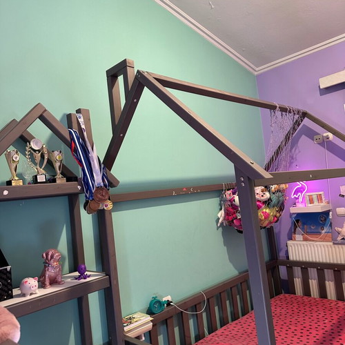 Montessori style children's bed and bookshelf set, gray wood