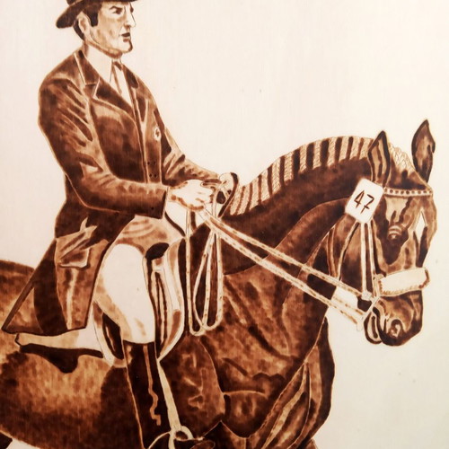 Pyrography painting Agonas Ippikis Dexiotexnias new on poplar wood