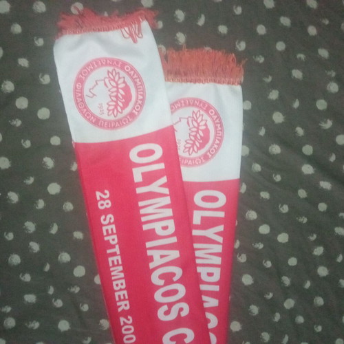 Vintage Olympiacos Liverpool Scarf used, Karaiskakis Stadium 2004