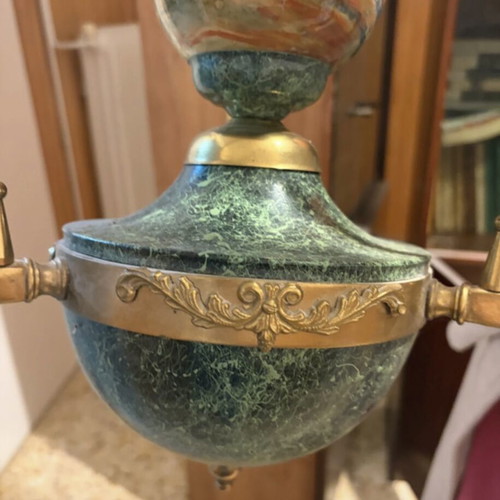 Vintage ceiling light used, brass with art glass shade
