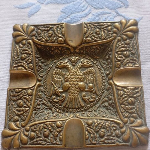 Brass ashtray and matchbox set used