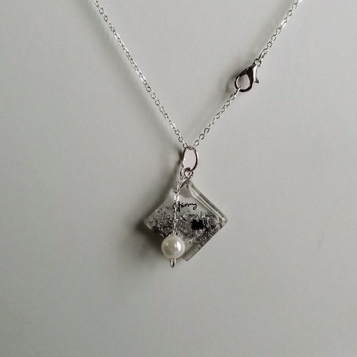 Handmade necklace "M" new, white and silver with rhombus and Shinny inscription