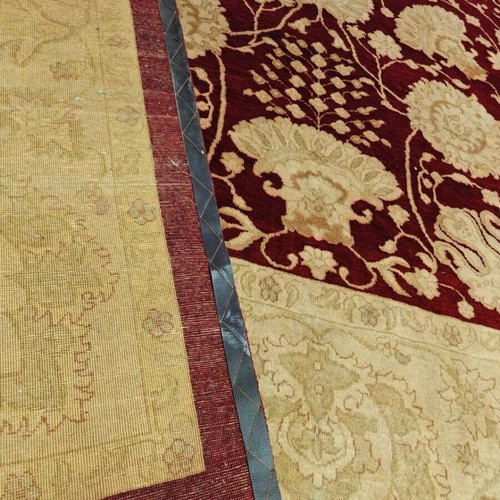 Persian Rug classic style with deep burgundy and beige floral motifs like new