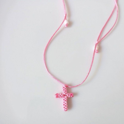 Macrame cross necklace in pink or purple