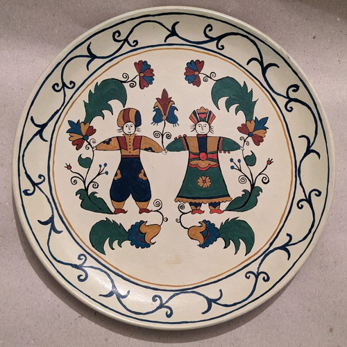 Ceramic hanging plate of Skyros used, handmade, hand-painted 1978