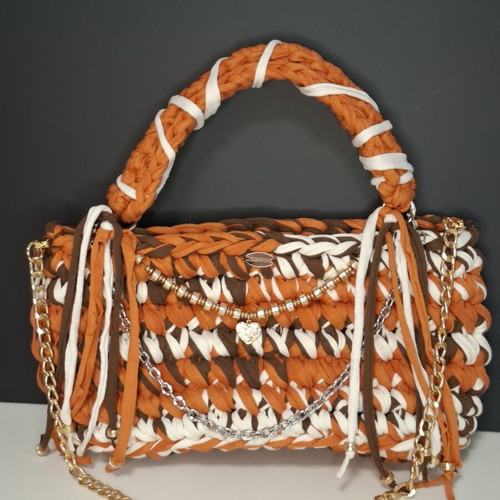 Handmade shoulder bag with orange fringes, new