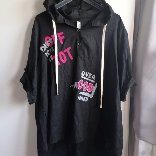 New Style long linen-viscose hooded blouse XXL, black