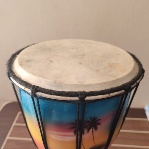 Wooden handmade djembe used, hand-painted tropical design 30x28 cm