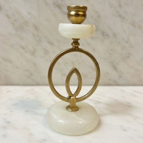 Vintage Alabaster Candlestick with Brass Ankh Symbol like new