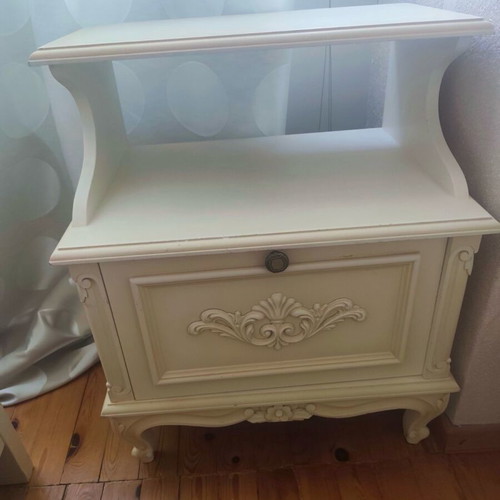 Nightstand vintage carved patina used with opening cabinet