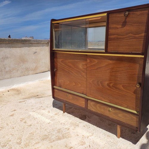 Vintage Mid-Century Showcase Bar with Glass Display and Brass Details used