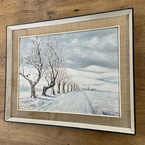 Oil painting used snowy landscape with frame and linen mat