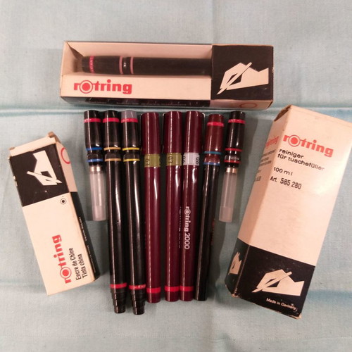 Rotring isographs and rapidographs used, pack of 8 with ink and lubricant