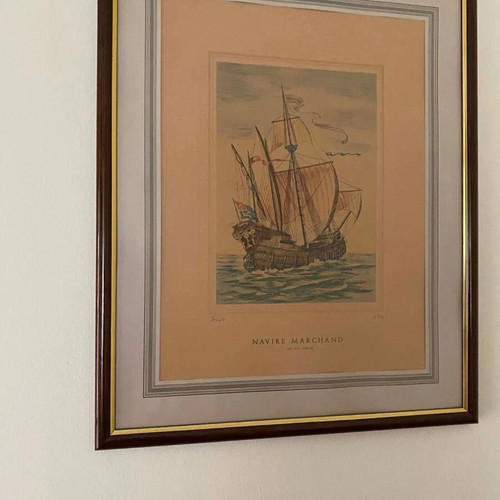 Engraving of 16th Century Merchant Ship, like new