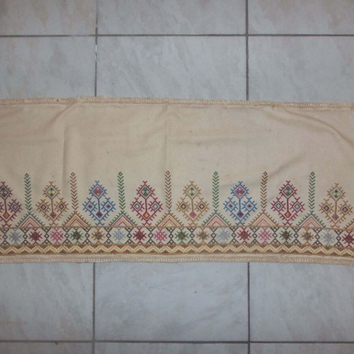 Folk Art Handmade Embroidered Fabric with Geometric Patterns used, 1m x 36cm