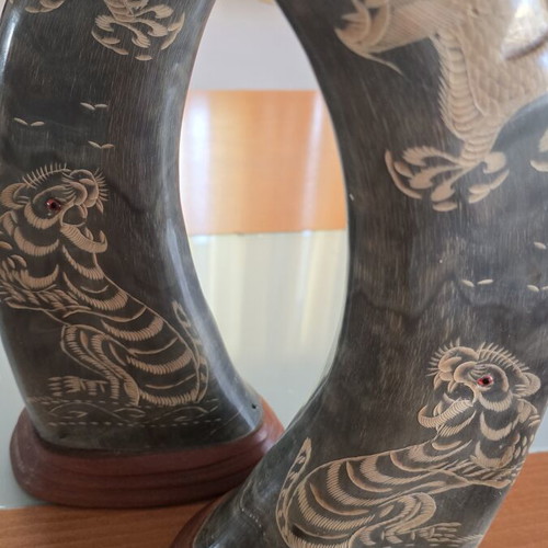 Wooden decorative horns with dragons set of 2 used