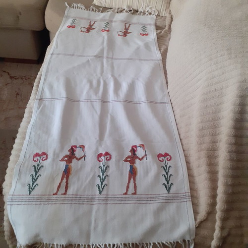 Long woven runner with Minoan Prince with Lilies embroidery and fringes