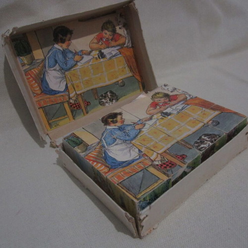 Vintage wooden cube puzzle used, 6 images by Marie Fischerova-Kvechova