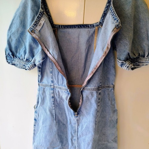 Mango Denim Dress Small, light blue cotton puff sleeves
