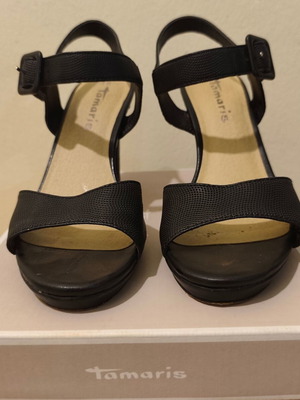 Tamaris black leather sandals size 39 used, ankle strap, 10 cm heel