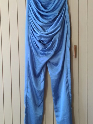 Silk jumpsuit by Elena Pavlou new, bright blue with draped design