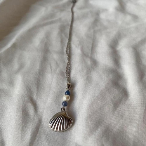 Steel necklace with shell, blue aventurine and pearls, made to order