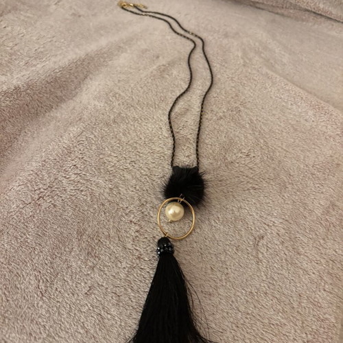 Modern Long Necklace with Black Tassel, Pearl & Pom-Pom new