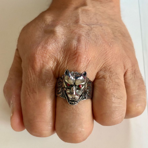 Wolf Head Ring with Red Zircon Eyes New, 316L Stainless Steel, US Size 14