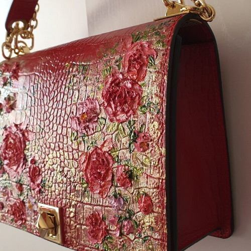 Leather crossbody bag red with hand-painted floral design new