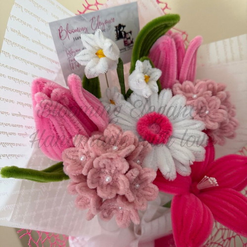 Delicate pink bouquet of tulips, lilies and gerbera custom made