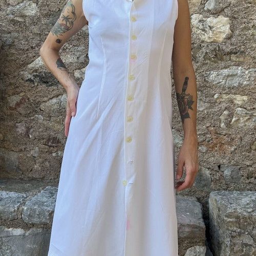 Vintage white sleeveless dress with collar and buttons, size M