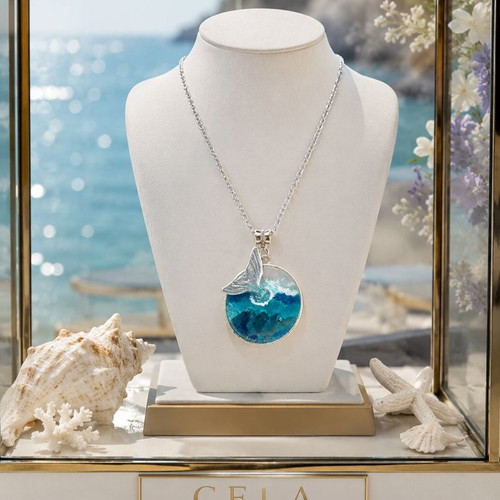 Handmade Long Necklace Mermaid with Polymer Clay and Resin in Silver Frame