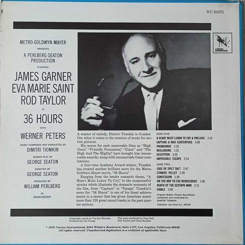 Dimitri Tiomkin 36 Hours vinyl used, soundtrack