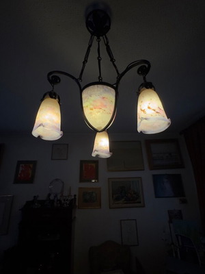 Muller Frères Lunéville Art Deco Chandelier with 4 Pastel Glass Shades