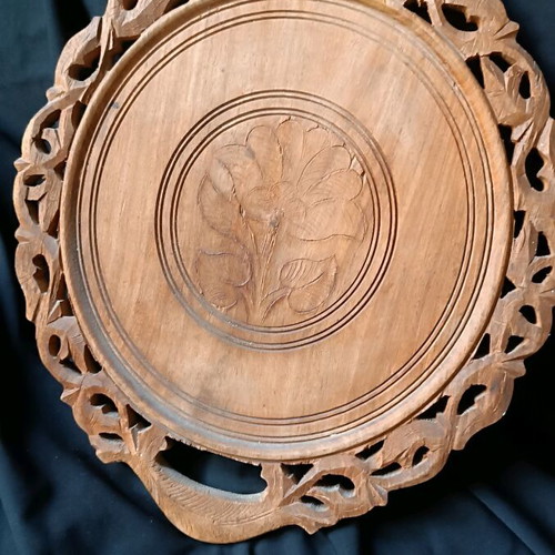Carved wooden tray used, handmade vintage from India