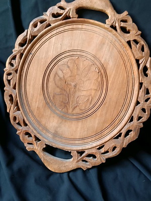 Carved wooden tray used, handmade vintage from India