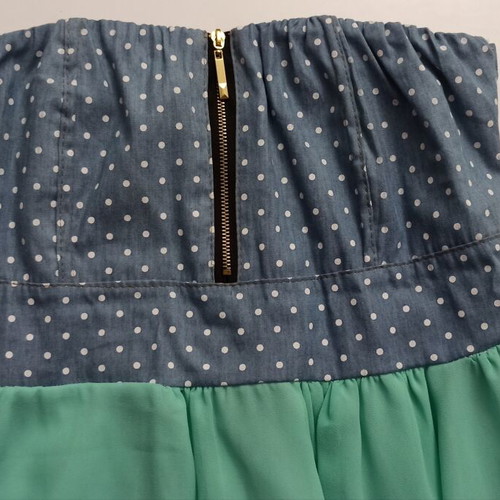 Summer dress strapless with denim polka dot design, like new, turquoise